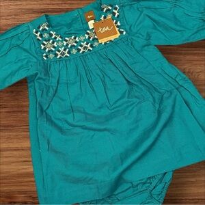 Tea Collection Embroidered Teal Dress with Bloomers 12–18M NWT